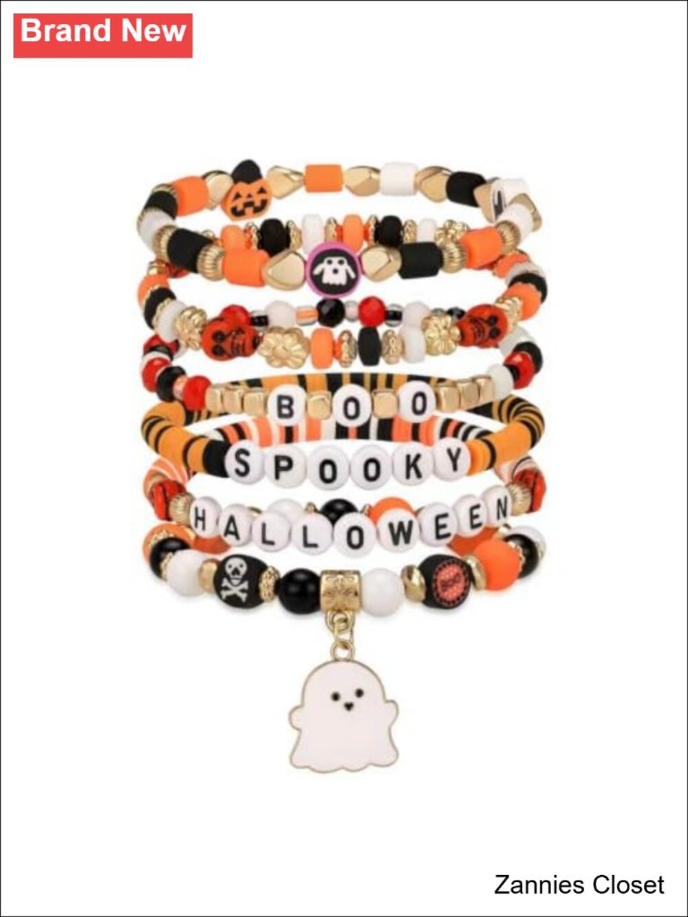 👻 Halloween Charm Stretch Bracelet Set Boo Spooky Pumpkin Ghost Bead Jewelry 7